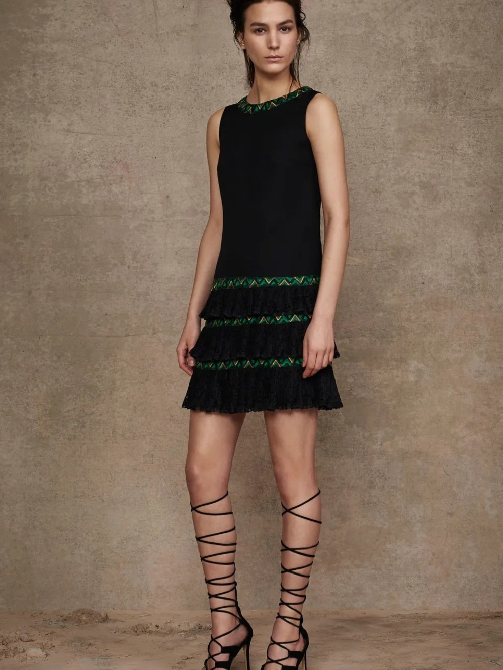 Black Sleeveless Tiered Dress with Green Trim